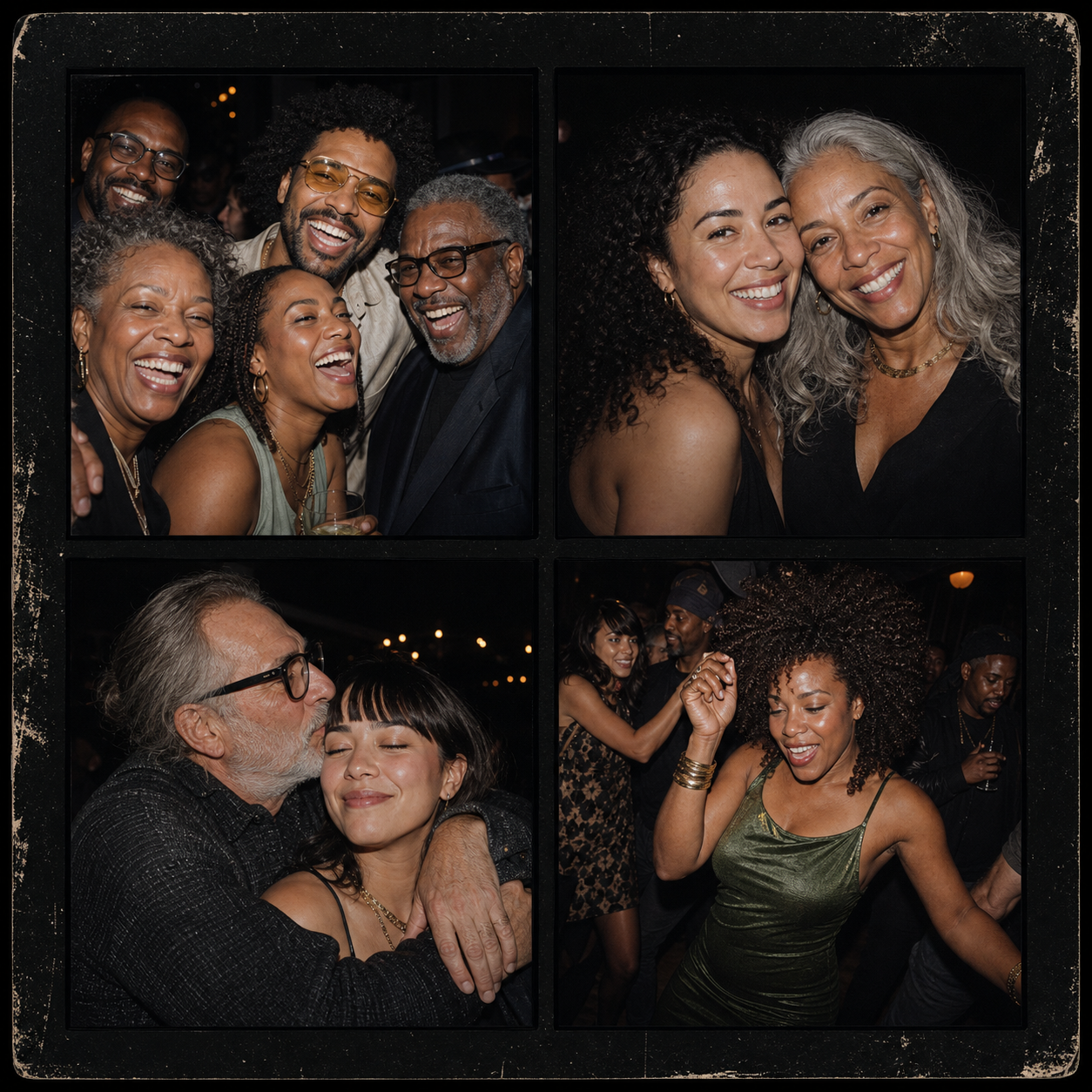 Four candid party photographs arranged as a contact sheet